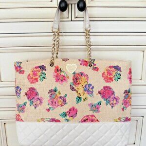 Betsey Johnson Sand Straw Floral/Roses Bag Purse Gold Chain Strap 12" x 14"